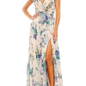 Floral Wrap Maxi Mac Duggal Dress in Peach and Blue
